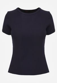 Born2be - Granatowy Dopasowany T-shirt z Prążkowanej Tkaniny z Bawełny Acalenos. Okazja: na co dzień. Kolor: niebieski. Materiał: prążkowany, bawełna, tkanina. Sezon: lato. Styl: casual, klasyczny, elegancki #2