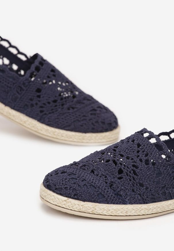 Born2be - Granatowe Ażurowe Espadryle z Plecionką z Juty Adateia. Kolor: niebieski. Wzór: ażurowy. Sezon: lato. Styl: boho