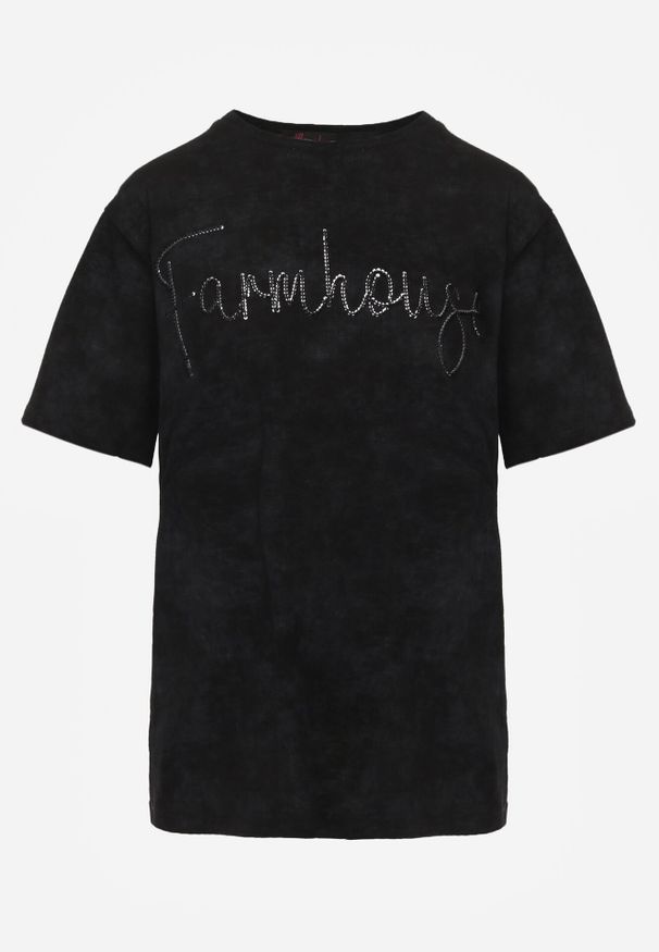 Born2be - Czarny Bawełniany T-shirt Oversize z Haftowanym Napisem z Cekinami Aewai. Okazja: na co dzień. Kolor: czarny. Materiał: bawełna. Wzór: napisy, haft. Styl: elegancki, casual