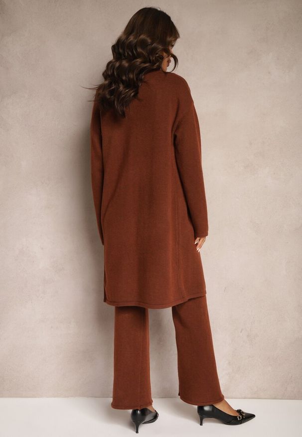 Renee - Brązowy Komplet Dzianinowy z Wełną Spodnie Długi Kardigan i Top na Guziki Dailith. Kolor: brązowy. Materiał: dzianina, wełna. Wzór: aplikacja