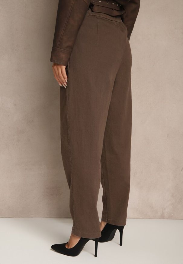 Renee - Brązowe Spodnie High Waist z Bawełny o Szerokim Kroju Nalitia. Okazja: na co dzień. Stan: podwyższony. Kolor: brązowy. Materiał: bawełna. Styl: casual