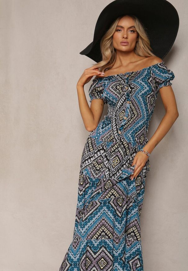 Renee - Ciemnozielona Sukienka Hiszpanka Boho z Bawełny z Gumką w Talii Lovedia. Typ kołnierza: dekolt hiszpanka. Kolor: zielony. Materiał: bawełna. Styl: boho