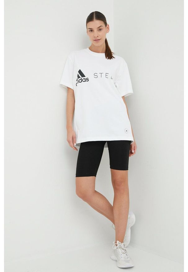 Adidas by Stella McCartney - adidas by Stella McCartney t-shirt HB7401 damski kolor biały. Kolor: biały. Materiał: bawełna, materiał, dzianina, skóra, włókno