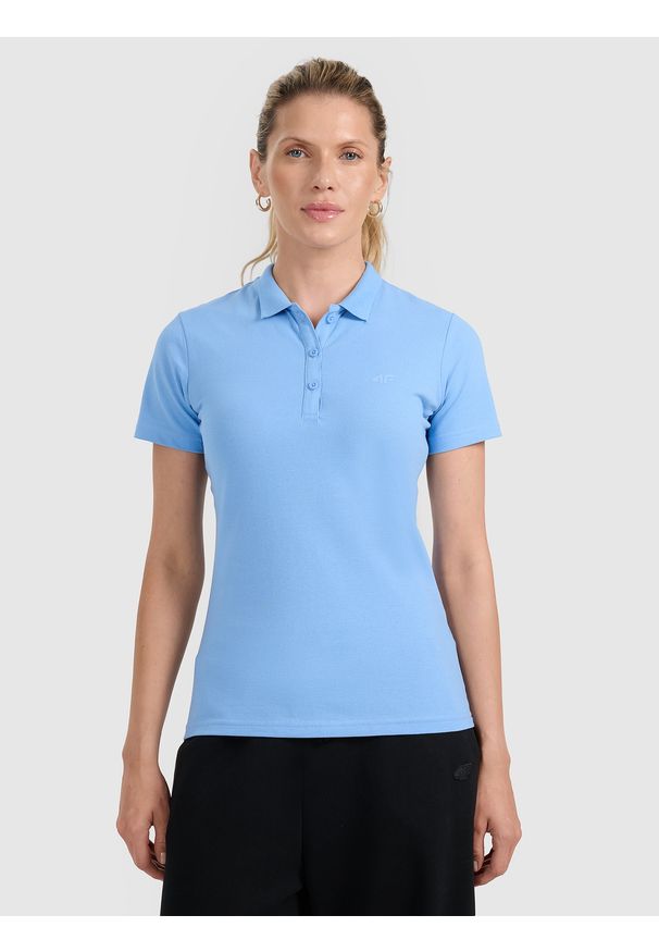 4f - 4F Koszulka polo slim damska - granatowa XS. Okazja: na co dzień. Typ kołnierza: polo. Kolor: niebieski. Materiał: elastan, materiał, bawełna, dzianina. Wzór: ze splotem, jednolity. Styl: sportowy, klasyczny, casual