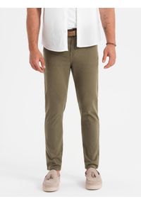Ombre Clothing - Spodnie męskie chino o dopasowanym kroju - oliwkowe V3 OM-PACP-0151 - XXL. Okazja: na co dzień. Kolor: oliwkowy. Materiał: bawełna, materiał, tkanina, elastan. Styl: casual