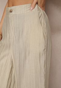 Renee - Beżowe Spodnie o Szerokim Kroju High Waist Natoreia. Okazja: na co dzień. Stan: podwyższony. Kolor: beżowy. Styl: boho, klasyczny, elegancki, casual #5