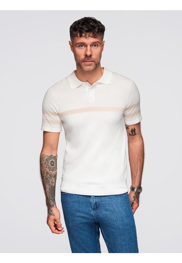 Ombre Clothing - Męska koszulka polo z miękkiej dzianiny z kontrastowymi pasami - kremowa V3 - Rozmiar: XL. Okazja: na co dzień. Typ kołnierza: polo. Kolor: kremowy. Materiał: dzianina. Długość: krótkie. Wzór: paski. Styl: casual