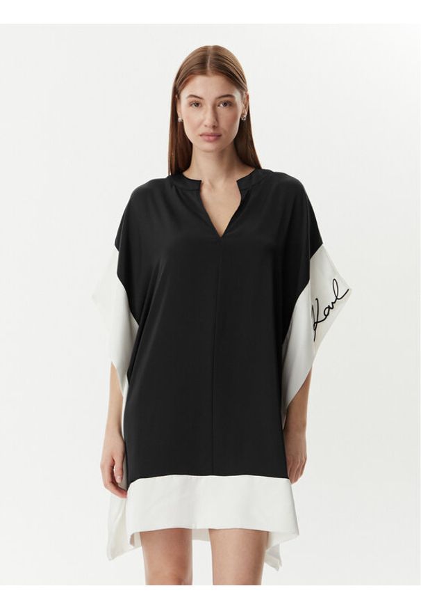 Karl Lagerfeld - KARL LAGERFELD Sukienka codzienna B2W13016 Czarny Loose Fit. Okazja: na co dzień. Typ kołnierza: dekolt w karo. Kolor: czarny. Materiał: syntetyk. Typ sukienki: proste. Styl: casual