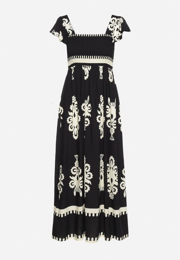 Born2be - Czarna Boho Sukienka z Wiskozy na Szerokich Ramiączkach z Gumkami w Pasie i Falbanką Cleria. Okazja: na co dzień. Kolor: czarny. Materiał: wiskoza. Długość rękawa: na ramiączkach. Styl: boho