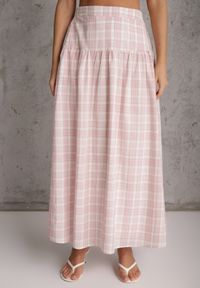 Renee - Różowy Bawełniany Komplet Rozkloszowana Spódnica i Bluzka z Wiązaniem Allisa. Kolor: różowy. Materiał: bawełna. Wzór: kratka #2