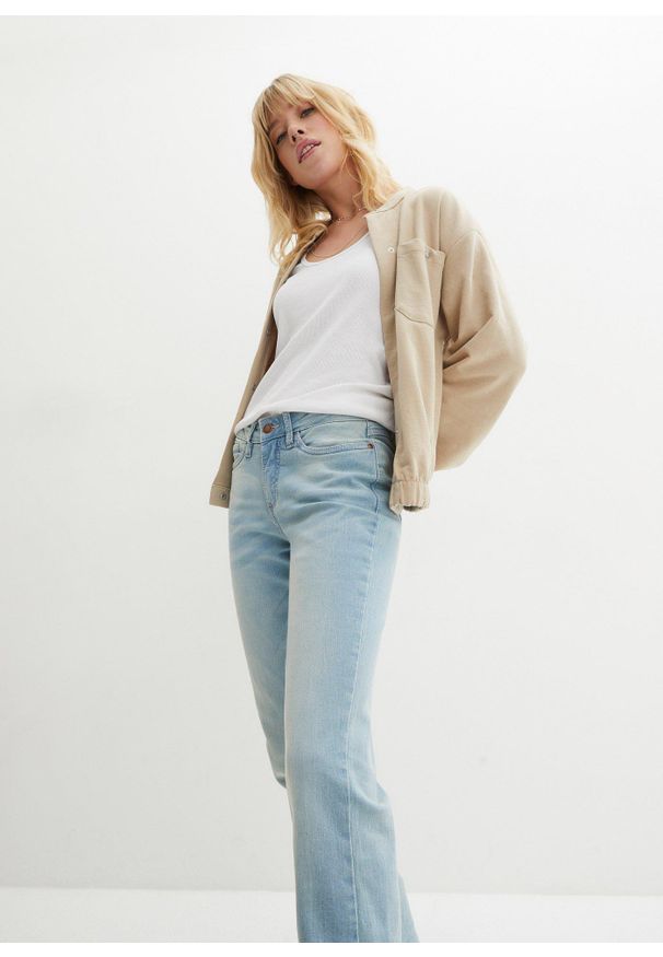 bonprix - Dżinsy ze stretchem o kroju bootcut, mid waist. Okazja: na co dzień. Kolor: niebieski. Styl: casual