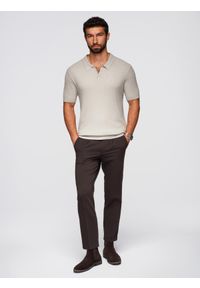 Ombre Clothing - Koszulka męska polo bez guzików z otwartym kołnierzykiem – jasnoszara V3 - Rozmiar: M. Typ kołnierza: polo. Kolor: szary. Materiał: wiskoza, prążkowany, dzianina, elastan, nylon. Styl: klasyczny, elegancki