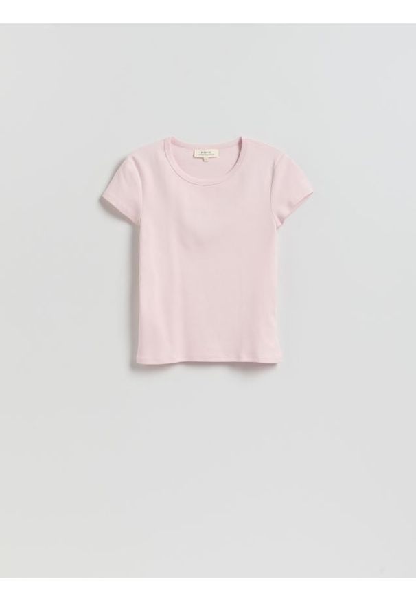 Reserved - T-shirt z bawełny merceryzowanej - pastelowy róż. Kolor: różowy. Materiał: bawełna