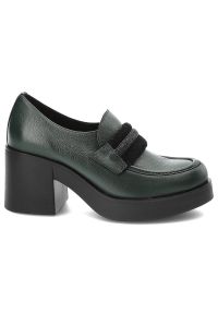 Zielone Półbuty Lemar Wygodne Skórzane Buty na Jesień. Zapięcie: pasek. Kolor: zielony. Materiał: skóra. Sezon: jesień. Obcas: na obcasie. Styl: elegancki. Wysokość obcasa: średni #4