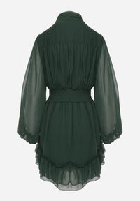 Born2be - Ciemnozielona Rozkloszowana Sukienka z Falbanką Harlin. Kolor: zielony. Długość: mini #8