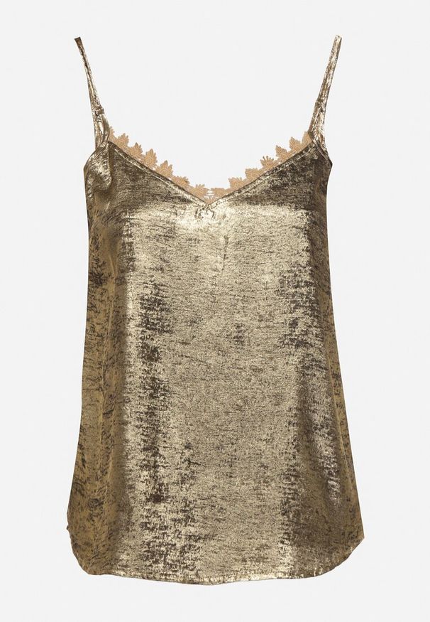 Born2be - Złoty Top z Metalicznym Wykończeniem i Koronką Neriuma. Kolor: złoty. Materiał: koronka. Długość rękawa: na ramiączkach. Wzór: koronka. Styl: elegancki