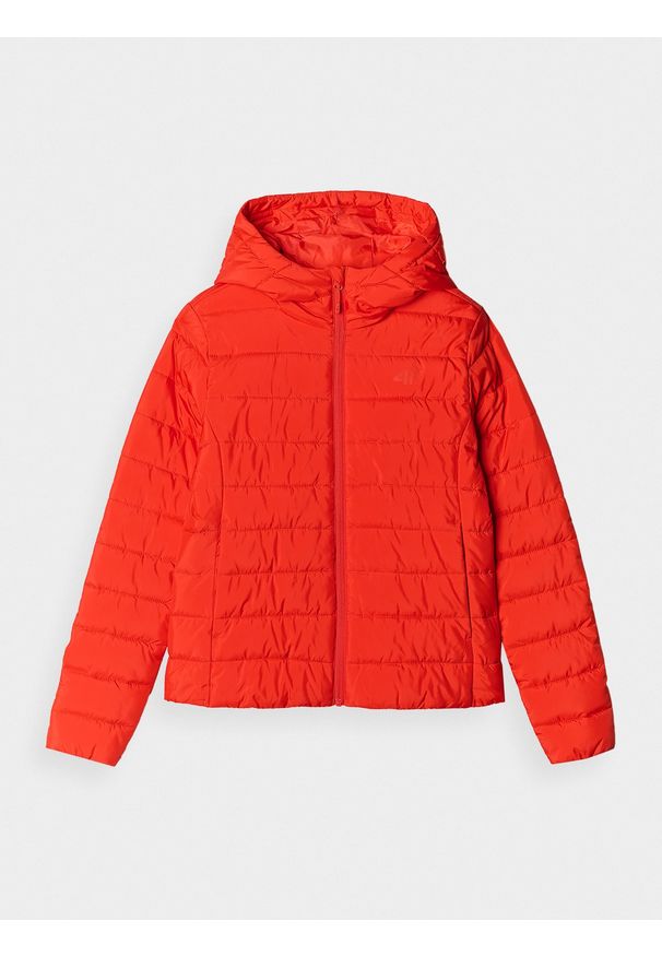4f - 4F Kurtka puchowa z wypełnieniem z recyklingu damska - czerwona S. Okazja: na co dzień. Typ kołnierza: kaptur, kołnierzyk stójkowy. Kolor: czerwony. Materiał: puch. Długość: długie. Styl: klasyczny, casual, sportowy
