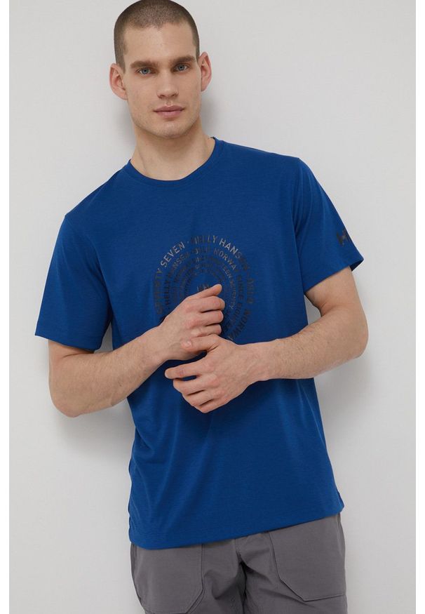 Helly Hansen t-shirt męski z nadrukiem. Kolor: niebieski. Materiał: materiał. Wzór: nadruk