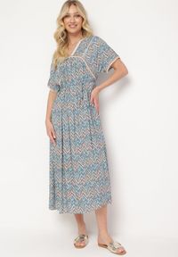 Born2be - Niebieska Boho Sukienka z Wiskozy z Cienkim Paskiem i Krótkim Rękawem Meaata. Kolekcja: plus size. Kolor: niebieski. Materiał: wiskoza. Długość rękawa: krótki rękaw. Typ sukienki: dla puszystych. Styl: boho