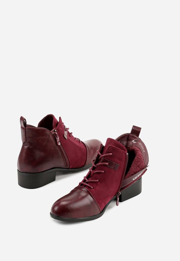 Born2be - Bordowe Sznurowane Botki Vices z Łączonych Materiałów Atevitte. Okazja: na co dzień, do pracy, na spotkanie biznesowe. Kolor: czerwony. Materiał: materiał. Obcas: na płaskiej podeszwie. Styl: casual, biznesowy