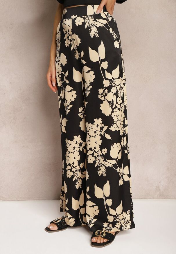 Renee - Czarno-Beżowe Szerokie Spodnie Palazzo z Gumką w Talii i High Waist Dimianna. Stan: podwyższony. Kolor: czarny. Materiał: tkanina. Sezon: lato