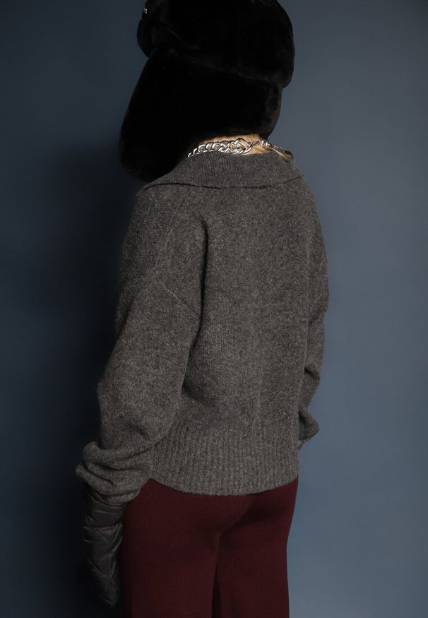 Renee - Ciemnoszary Krótki Sweter z Trójkątnym Dekoltem Ozdobiony Kołnierzykiem Savalin. Okazja: na co dzień. Kolor: szary. Materiał: jeans, skóra, bawełna. Długość: krótkie. Wzór: aplikacja. Styl: casual, elegancki