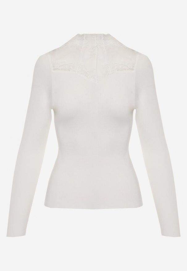 Born2be - Biały Dopasowany Sweter z Półgolfem z Wiskozą Zdobiony Koronkową Siateczką Genna. Okazja: na co dzień. Kolor: biały. Materiał: wiskoza, koronka. Wzór: aplikacja. Styl: casual, elegancki