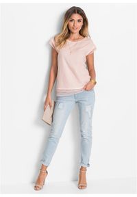 bonprix - Bawełniany T-shirt o kroju pudełkowym. Kolor: różowy. Materiał: koronka, bawełna. Długość rękawa: krótki rękaw. Długość: krótkie. Wzór: koronka