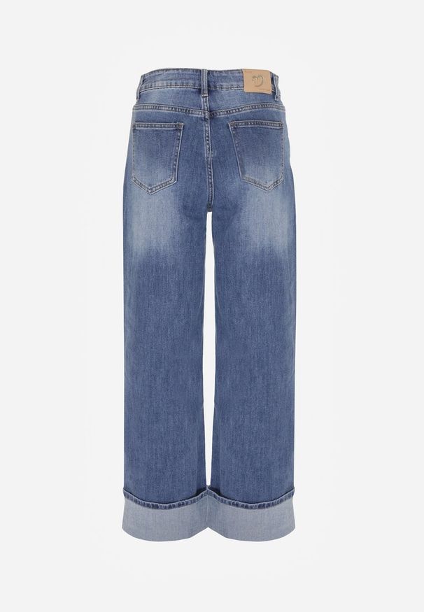 Born2be - Niebieskie Szerokie Jeansy z Wysokim Stanem i Podwiniętymi Nogawkami Jilora. Okazja: na co dzień, do pracy, na spotkanie biznesowe. Stan: podwyższony. Kolor: niebieski. Styl: klasyczny, casual, biznesowy