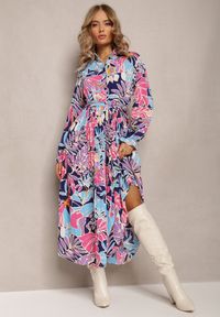 Renee - Niebiesko-Różowa Plisowana Sukienka Maxi w Kwiaty z Wiązanym Paskiem Marleen. Kolor: niebieski. Materiał: materiał. Wzór: kwiaty. Długość: maxi #1