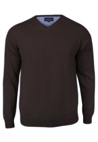 Czekoladowy Męski Sweter w Serek (V-neck) - Adriano Guinari - 100% Bawełna, Elegancki. Okazja: do pracy, na spotkanie biznesowe, na co dzień. Typ kołnierza: dekolt w serek. Kolor: brązowy, beżowy, wielokolorowy. Materiał: bawełna. Styl: elegancki #1