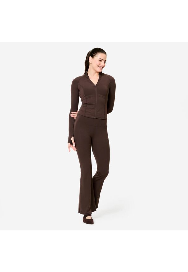 DOMYOS - Bluza na zamek damska Domyos fitness. Kolor: brązowy. Materiał: poliamid, elastan, materiał. Sport: fitness