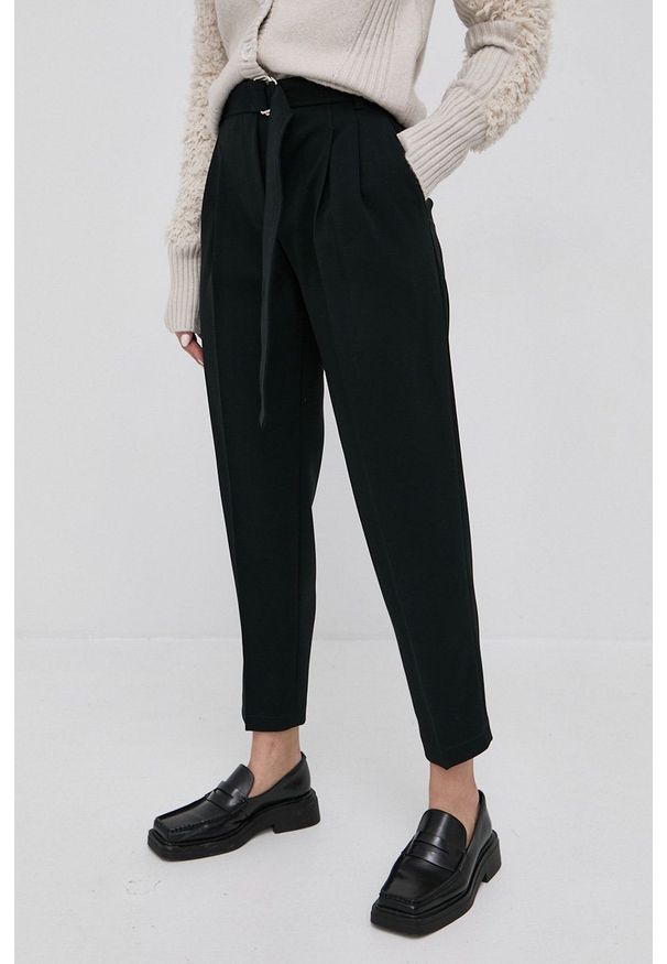 BOSS - Boss Spodnie 50438985 damskie kolor czarny proste high waist. Okazja: na co dzień. Stan: podwyższony. Kolor: czarny. Styl: casual