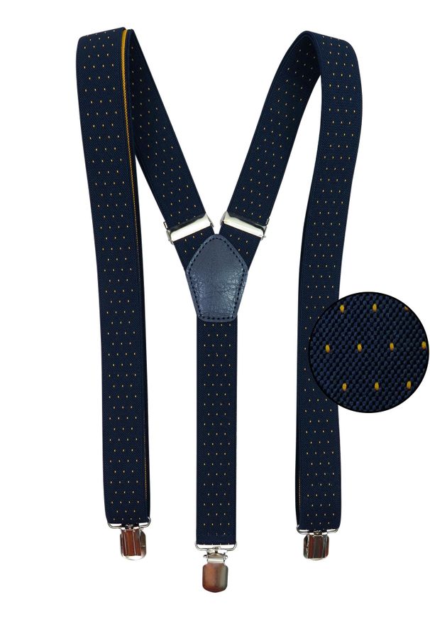 Modini - Granatowe szelki w żółte kropki wąskie unisex - 2,5cm x32. Kolor: wielokolorowy, żółty, niebieski. Materiał: skóra, guma. Wzór: kropki