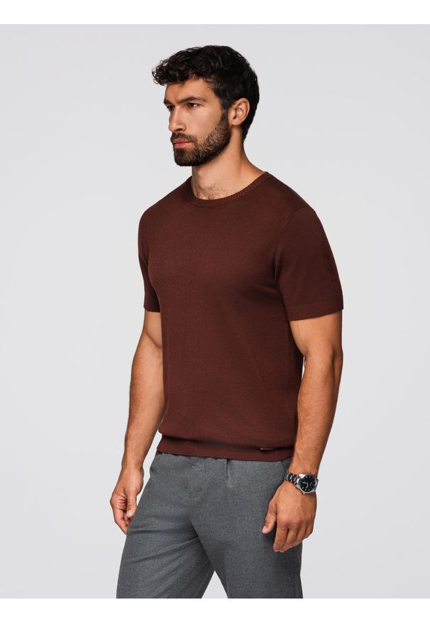Ombre Clothing - Męska klasyczna dzianinowa koszulka męska ze ściągaczami– ciepłobrązowa V4 - Rozmiar: XL. Kolor: brązowy. Materiał: dzianina. Wzór: gładki, ze splotem. Styl: klasyczny