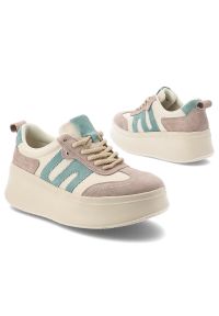 Sneakersy damskie Filippo, cholewka ze skóry naturalnej zamszowej z kontrastowymi panelami klasyczne sznurowanie masywna platformowa podeszwa, beżowe. Zapięcie: sznurówki. Kolor: beżowy. Materiał: skóra, zamsz. Szerokość cholewki: normalna #2