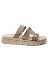 Klapki damskie Armodo, cholewka ze skóry naturalnej z ażurowymi perforacjami szeroki pasek z regulacją na rzep, beżowe, 40440. Kolor: beżowy. Materiał: skóra. Wzór: ażurowy #3