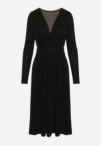 Born2be - Czarna Taliowana Sukienka z Wiskozą o Rozkloszowanym Kroju Zdobiona Metaliczną Nicią Mesinae. Okazja: do pracy, na spotkanie biznesowe. Typ kołnierza: dekolt w kształcie V. Kolor: czarny. Materiał: wiskoza. Długość rękawa: długi rękaw. Wzór: aplikacja. Typ sukienki: rozkloszowane. Styl: glamour, biznesowy, wizytowy, elegancki #3