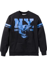 bonprix - Bluza chłopięca z nadrukiem, ze zrównoważonej bawełny. Kolor: czarny. Materiał: bawełna. Wzór: nadruk. Styl: sportowy #1