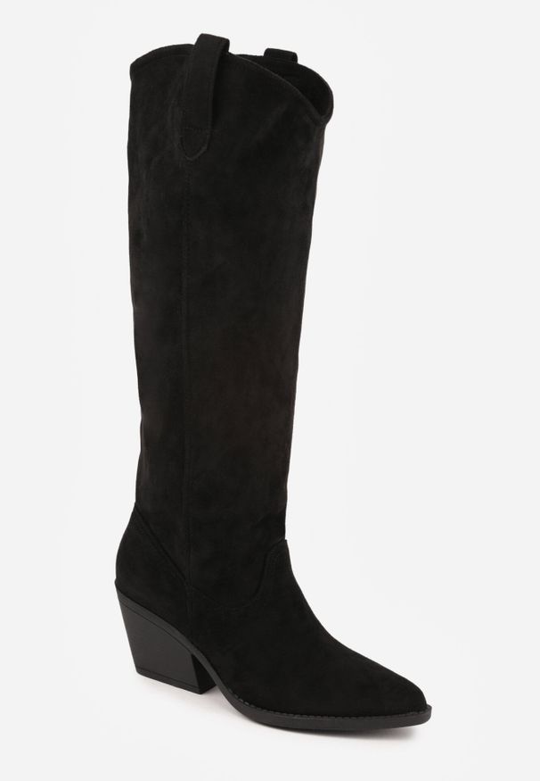 Born2be - Czarne Gładkie Kozaki Kowbojki z Imitacji Zamszu na Stożkowym Obcasie Karelia. Nosek buta: otwarty. Kolor: czarny. Materiał: zamsz. Wzór: gładki. Obcas: na obcasie. Wysokość obcasa: średni