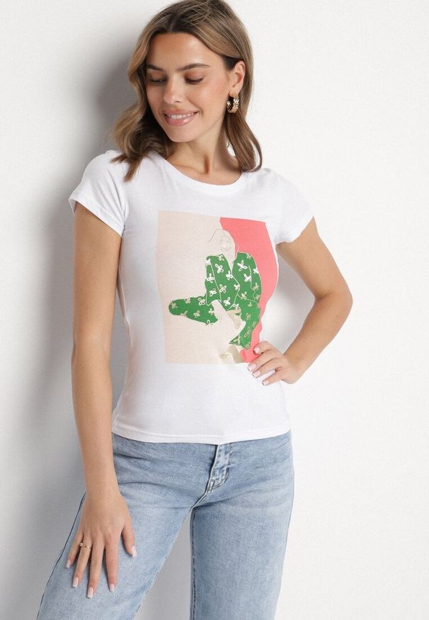Born2be - Biały Bawełniany T-shirt z Ozdobnym Nadrukiem Setonisea. Okazja: na co dzień. Kolor: biały. Materiał: bawełna. Wzór: nadruk. Styl: casual