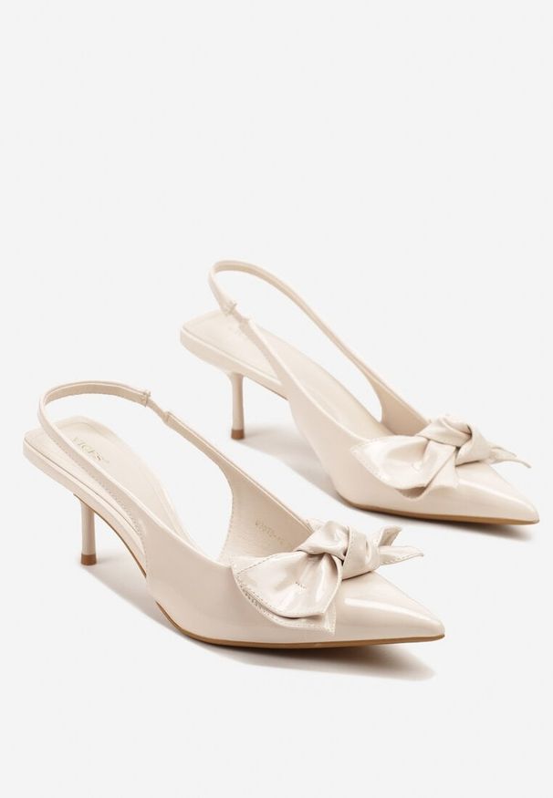Renee - Beżowe Sandały Vices na Szpilce Slingback Ozdobione Kokardą Nilendria. Okazja: na imprezę, na spacer. Kolor: beżowy. Wzór: aplikacja. Sezon: lato. Obcas: na szpilce. Styl: elegancki