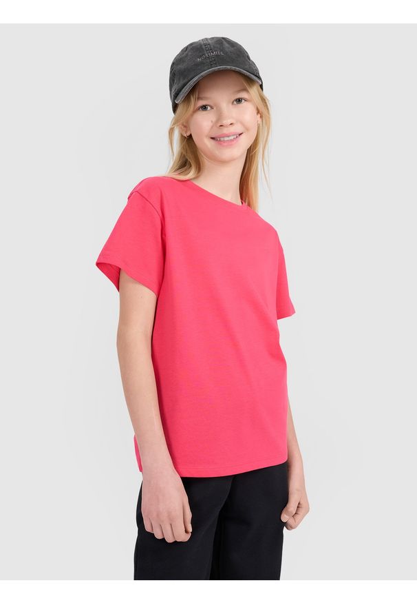 4f - 4F T-shirt oversize gładki dziewczęcy - różowy 134 (8-9 lat). Okazja: na co dzień. Kolor: różowy. Materiał: jersey, dzianina, bawełna. Wzór: gładki. Sezon: lato. Styl: casual, sportowy, klasyczny