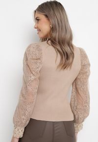 Born2be - Beżowy Sweter z Bufiastym i Przezroczystym Rękawem Ottavio. Kolor: beżowy. Materiał: koronka, tkanina. Wzór: gładki #3