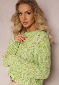 Renee - Jasnozielony Sweter z Kolorową Grubo Plecioną Nicią Ivarea. Kolor: zielony. Wzór: kolorowy. Sezon: jesień, zima #5