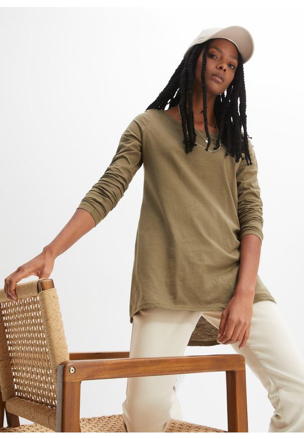 bonprix - Bawełniana bluzka z długim rękawem. Kolor: zielony. Materiał: bawełna. Długość rękawa: długi rękaw. Długość: długie