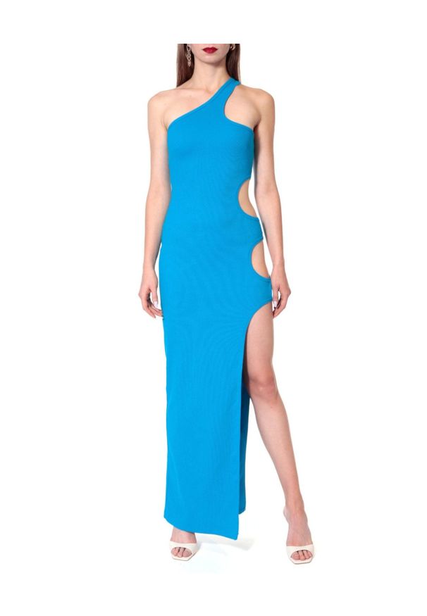 AGGI - Niebieska sukienka maxi Flavia. Kolor: niebieski. Materiał: bawełna. Długość rękawa: na ramiączkach. Typ sukienki: dopasowane, asymetryczne. Długość: maxi