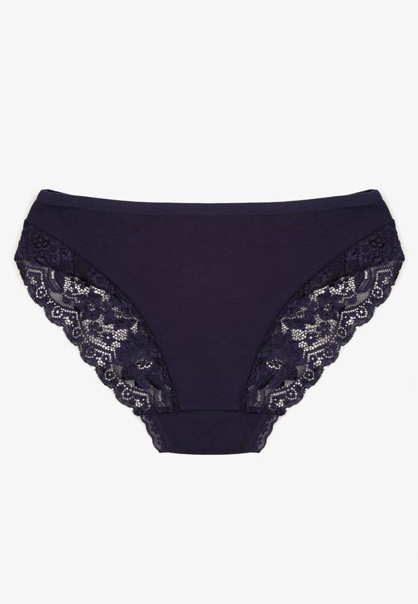 Renee - Granatowe Majtki Figi z Koronkowymi Wstawkami Amiora. Kolor: niebieski. Materiał: koronka. Wzór: koronka