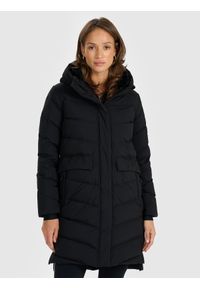 4f - 4F Płaszcz puchowy z wypełnieniem naturalnym damski - czarny S. Okazja: na co dzień. Typ kołnierza: kaptur. Kolor: czarny. Materiał: puch. Długość: do kolan. Sezon: zima. Styl: casual #1