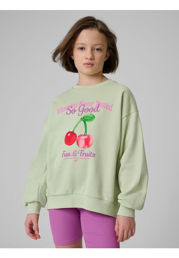 4f - 4F Bluza dresowa loose bez kaptura dziewczęca - miętowa 158/164 (12-14 lat). Okazja: na spacer, na co dzień, na uczelnię. Typ kołnierza: bez kaptura. Kolor: turkusowy. Materiał: dresówka. Sezon: lato. Styl: casual